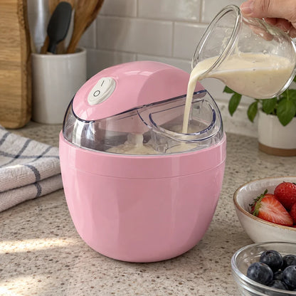 Frostly pink maker with chilled mixture being poured through its lid